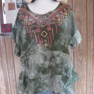 Umgee Tie Dyed Blouse with Embroidered Chest